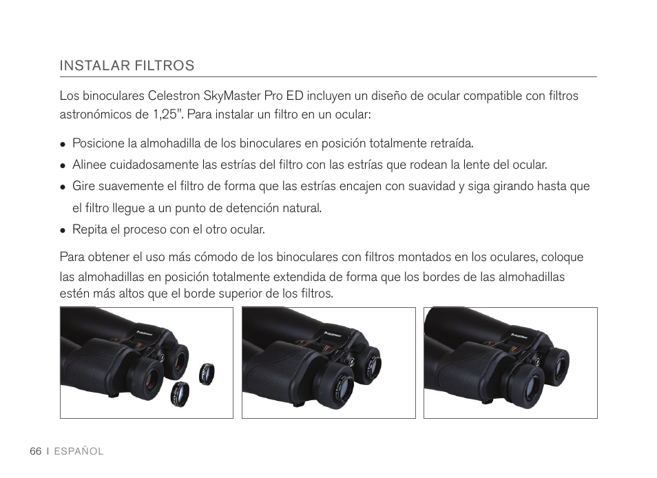 Instalar filtros | Celestron 7x50 SkyMaster Pro ED Binoculars User Manual | Page 66 / 72