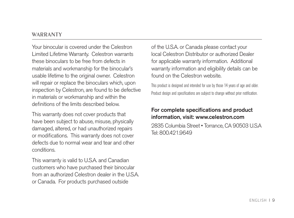 Celestron 8x32 TrailSeeker Binoculars (Black) User Manual | Page 11 / 52