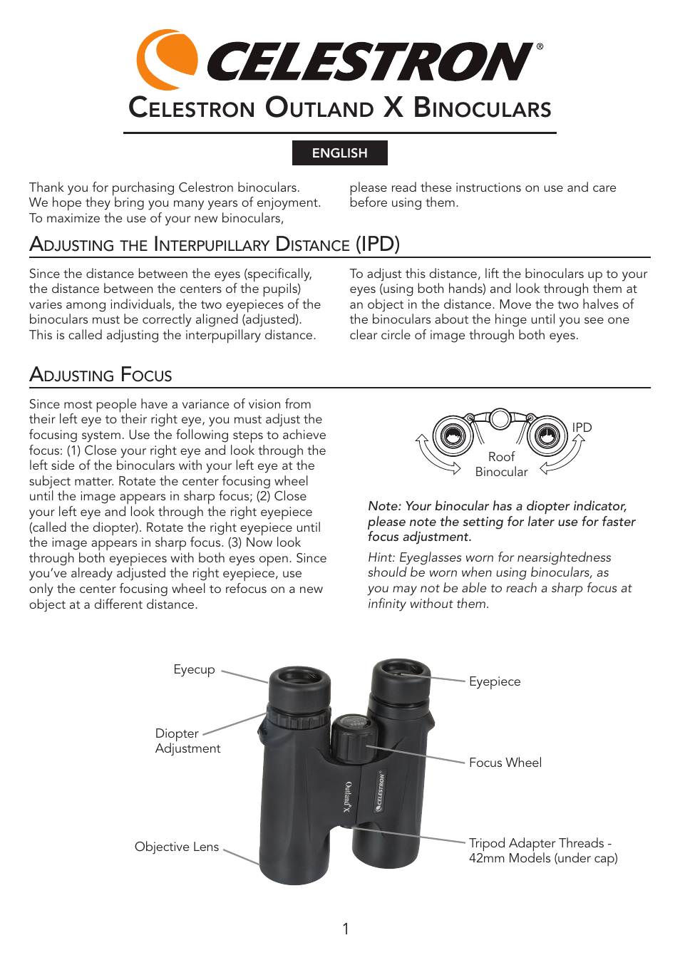 Ipd) a, Elestron, Utland | Inoculars | Celestron Outland X 10x25 Binoculars User Manual | Page 2 / 12