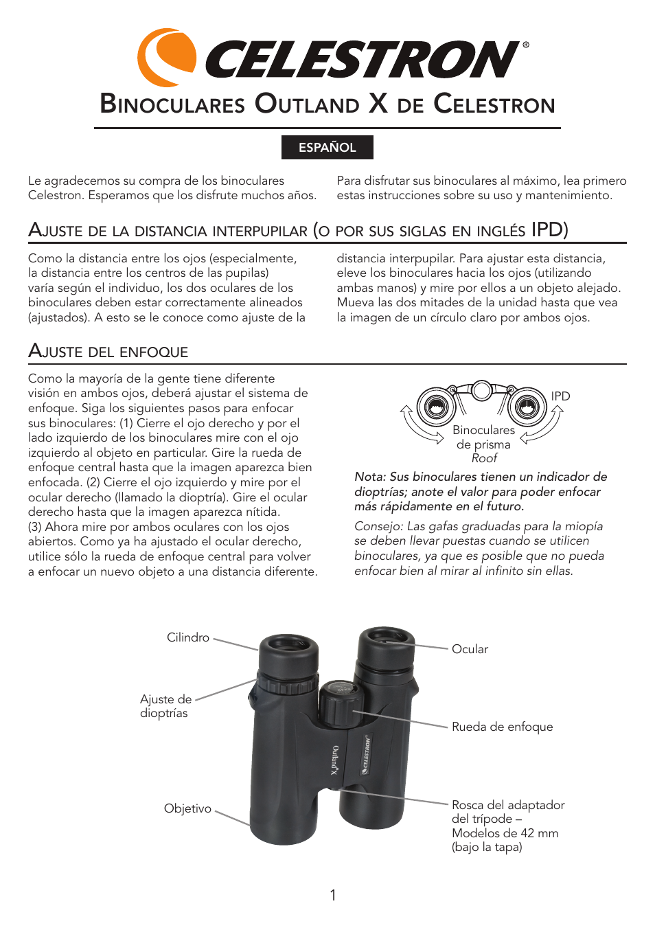 Ipd) a, Inoculares, Utland | Elestron | Celestron Outland X 10x25 Binoculars User Manual | Page 6 / 12