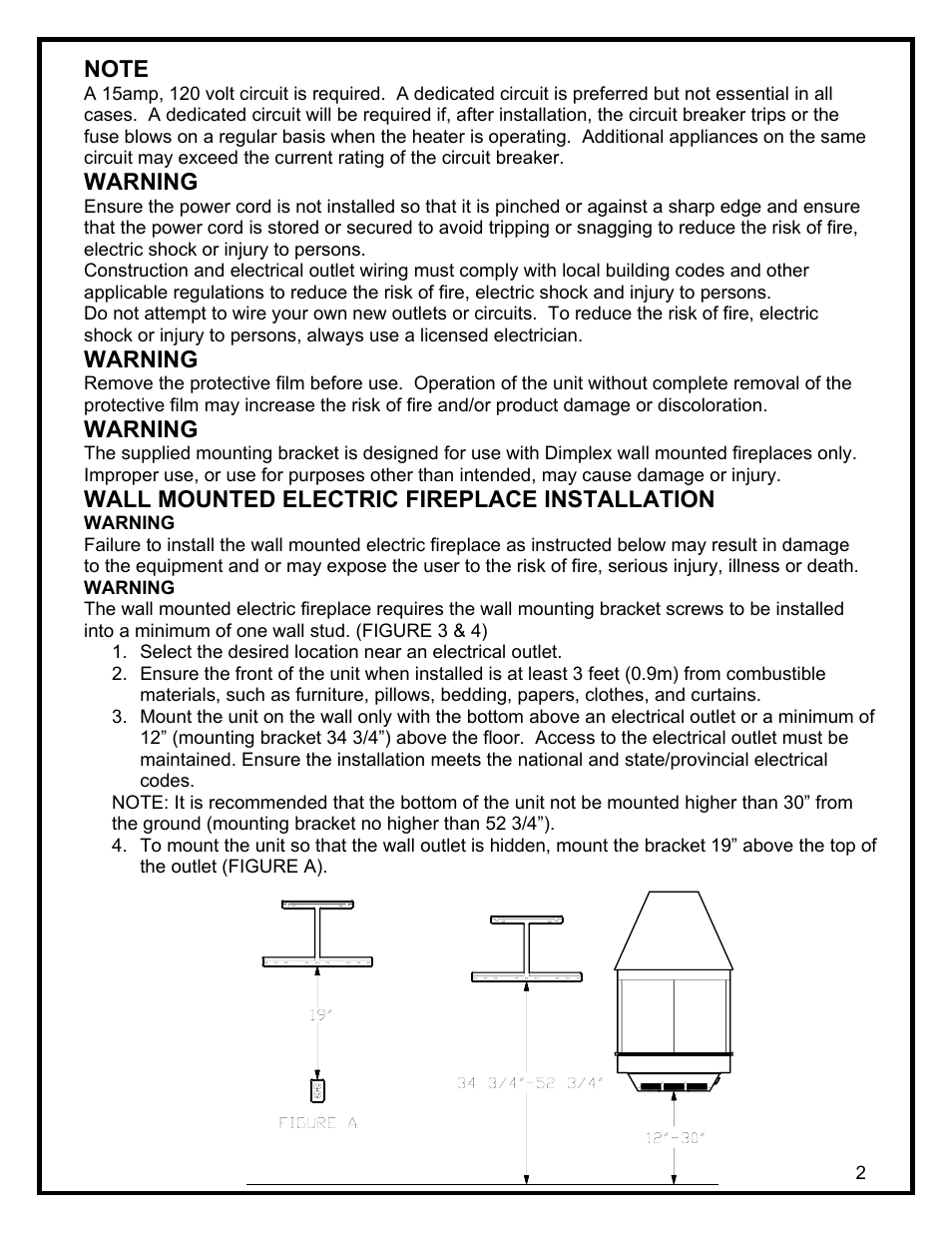 Warning, Wall mounted electric fireplace installation | Dimplex EWM-COPPER User Manual | Page 5 / 8