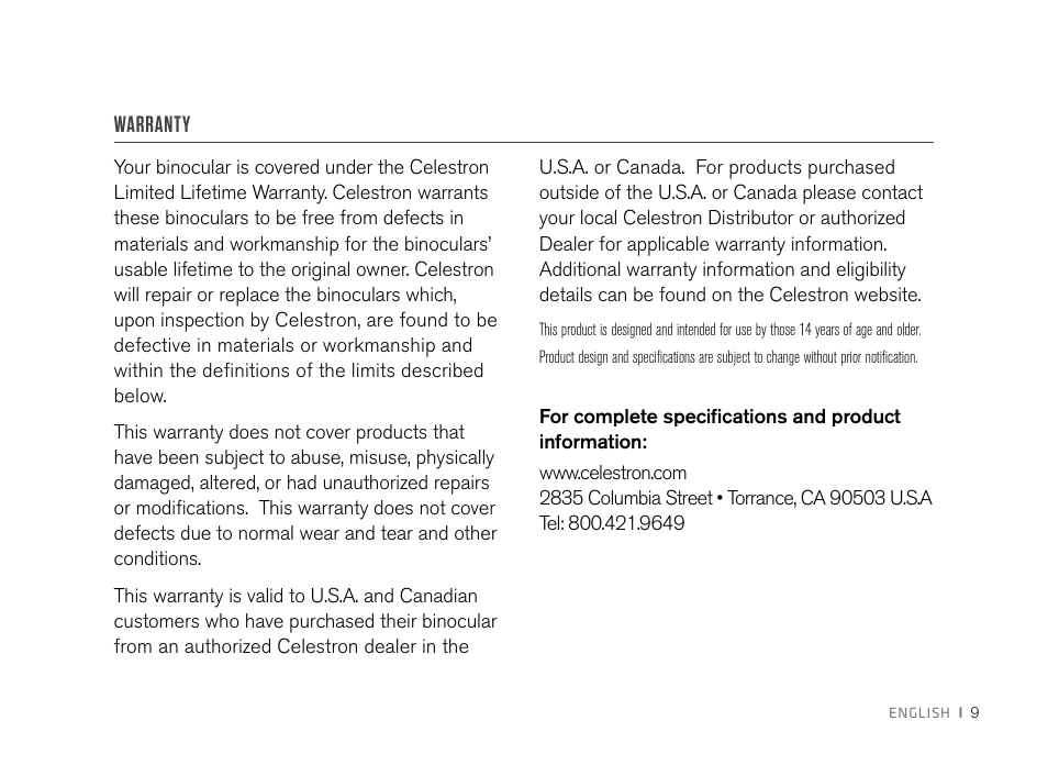 Warranty | Celestron 8x32 Nature DX Binoculars User Manual | Page 11 / 52