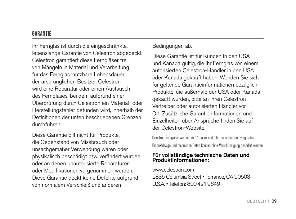 Garantie | Celestron 8x32 Nature DX Binoculars User Manual | Page 41 / 52