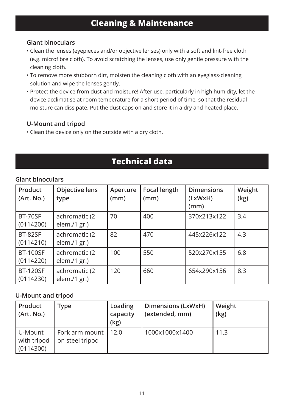 Technical data, Cleaning & maintenance | Explore Scientific BT-70 SF Giant Binoculars User Manual | Page 11 / 12