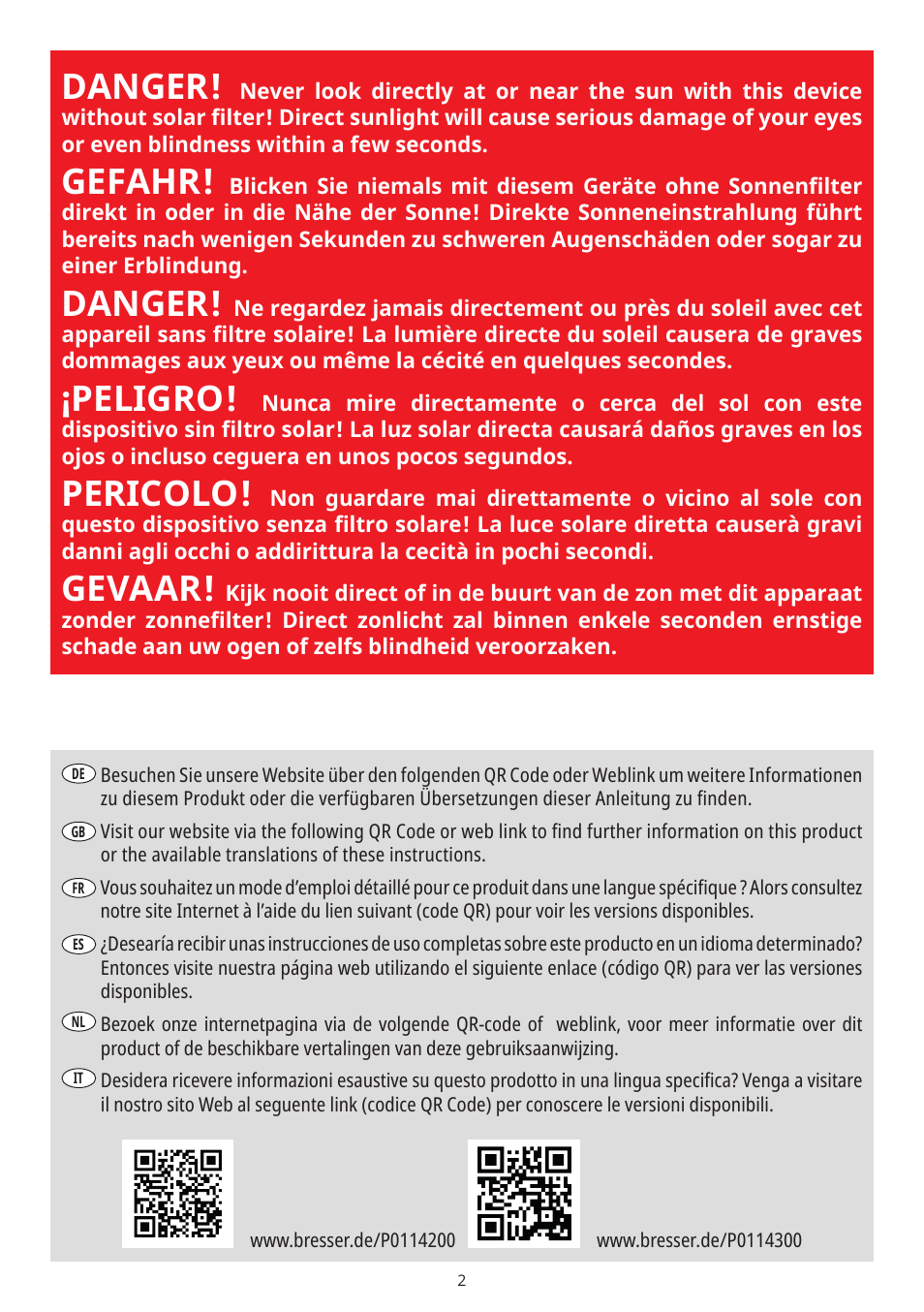 Danger, Gefahr, Peligro | Pericolo, Gevaar | Explore Scientific BT-70 SF Giant Binoculars User Manual | Page 2 / 12