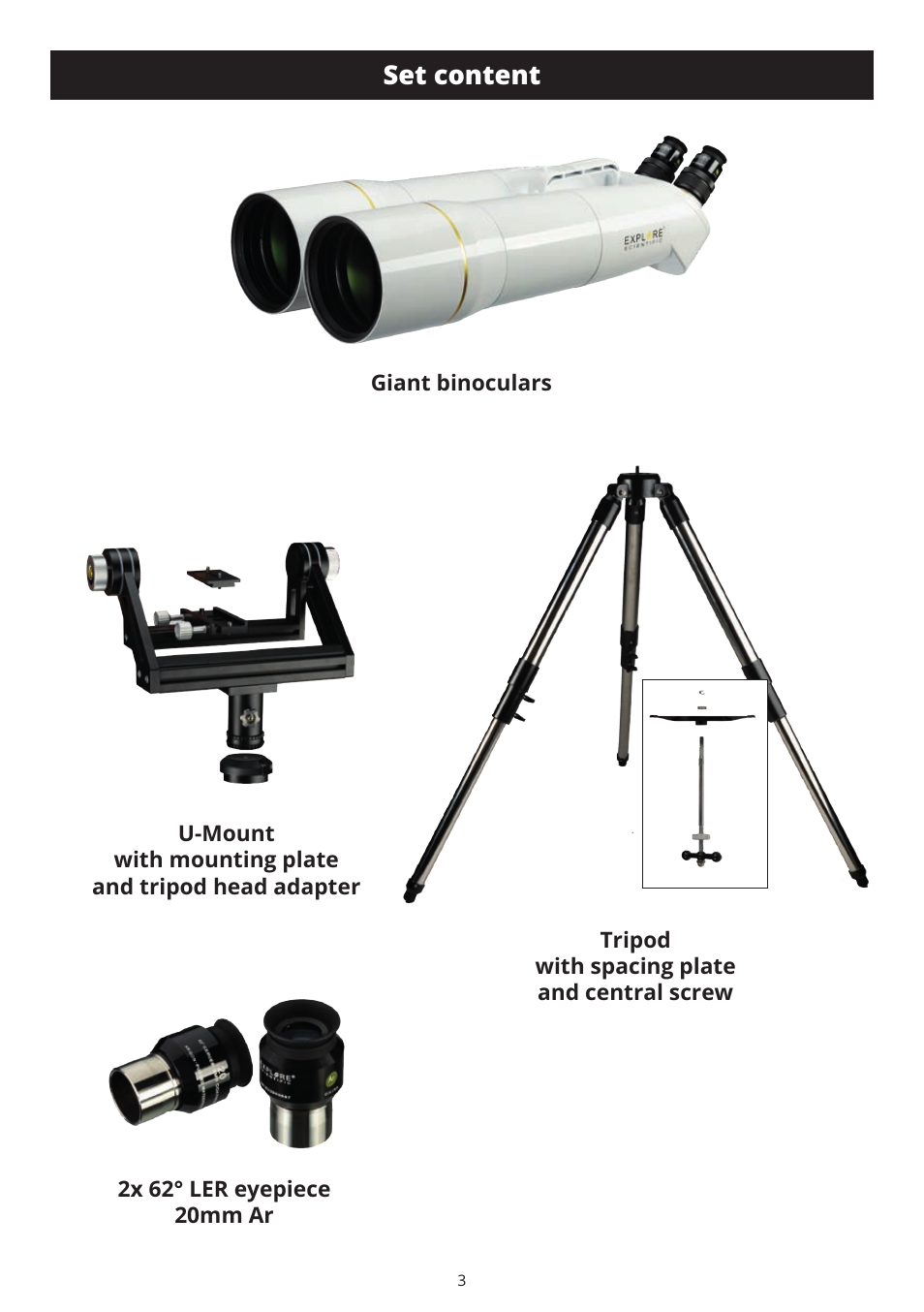 Set content | Explore Scientific BT-70 SF Giant Binoculars User Manual | Page 3 / 12