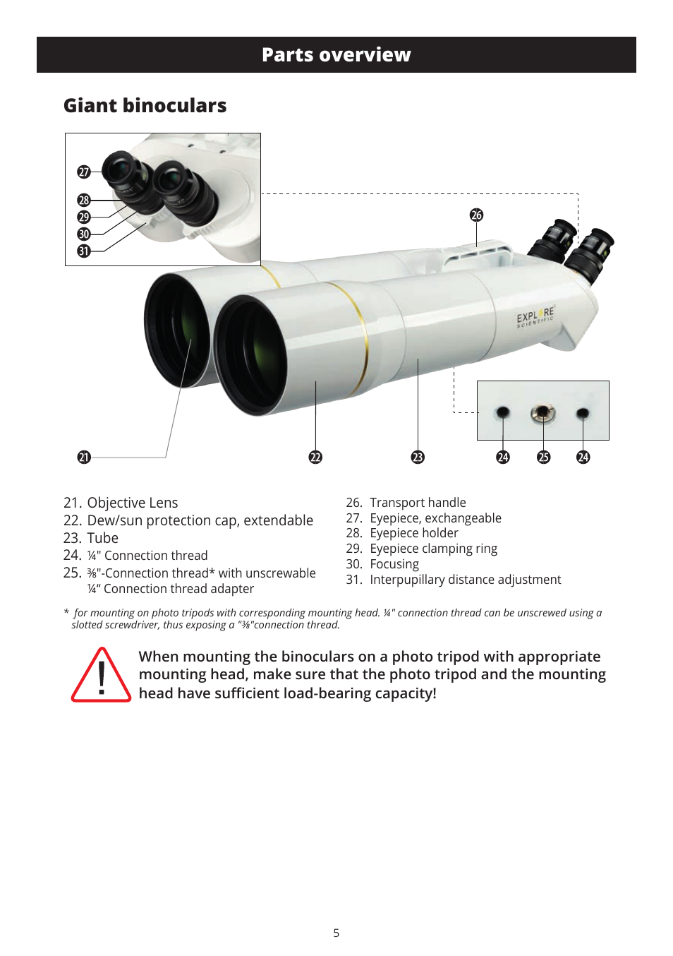 Parts overview, Giant binoculars | Explore Scientific BT-70 SF Giant Binoculars User Manual | Page 5 / 12