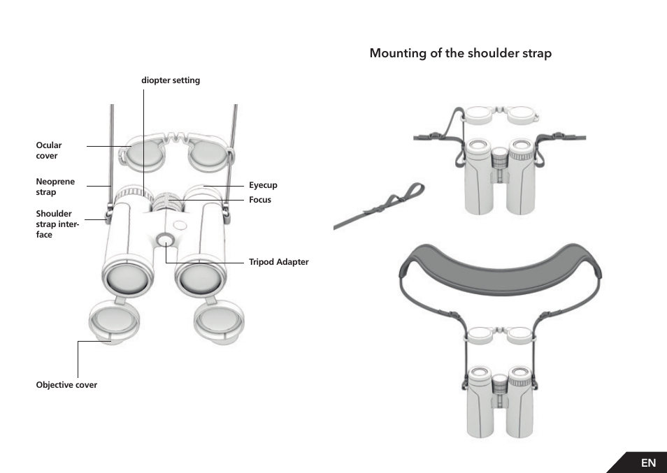 Mounting of the shoulder strap | GPO USA 8x42 Passion ED Binocular (Black) User Manual | Page 10 / 61