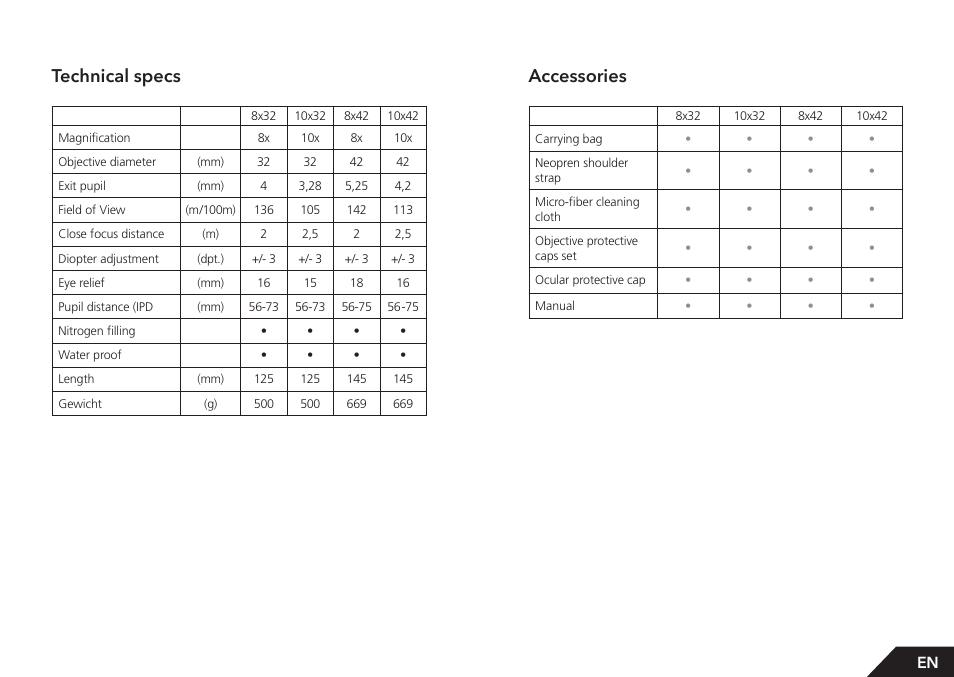 Accessories, Technical specs | GPO USA 8x42 Passion ED Binocular (Black) User Manual | Page 14 / 61