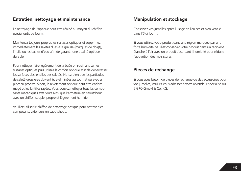 Manipulation et stockage, Pieces de rechange, Entretien, nettoyage et maintenance | GPO USA 8x42 Passion ED Binocular (Black) User Manual | Page 19 / 61