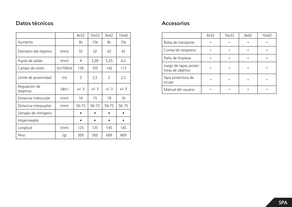 Accesorios, Datos técnicos | GPO USA 8x42 Passion ED Binocular (Black) User Manual | Page 32 / 61