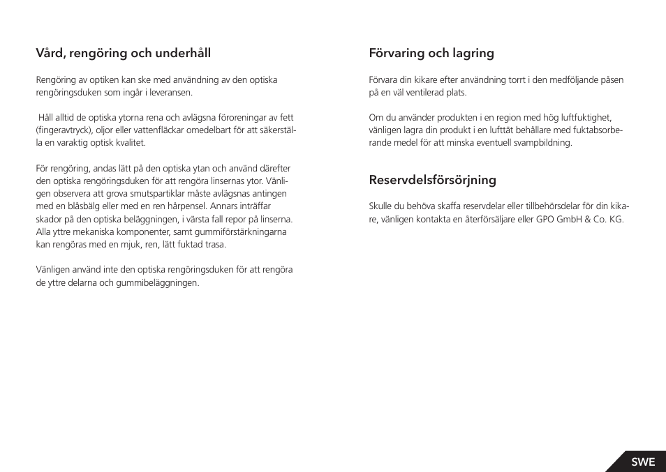 Förvaring och lagring, Reservdelsförsörjning, Vård, rengöring och underhåll | GPO USA 8x42 Passion ED Binocular (Black) User Manual | Page 37 / 61