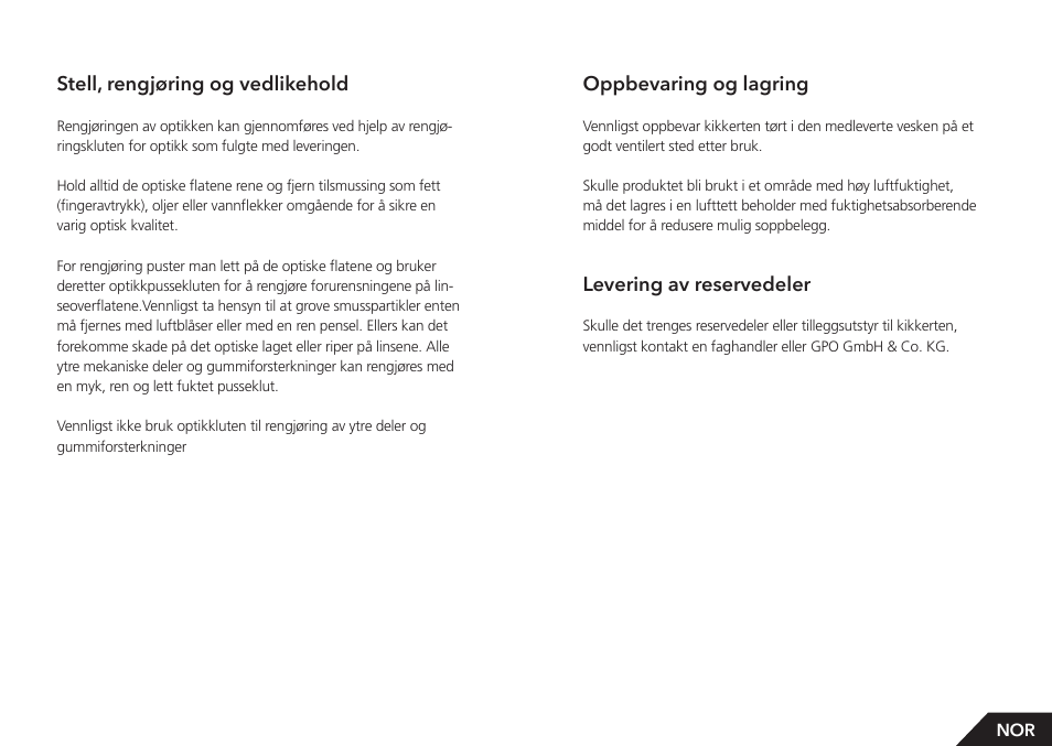 Oppbevaring og lagring, Levering av reservedeler, Stell, rengjøring og vedlikehold | GPO USA 8x42 Passion ED Binocular (Black) User Manual | Page 43 / 61