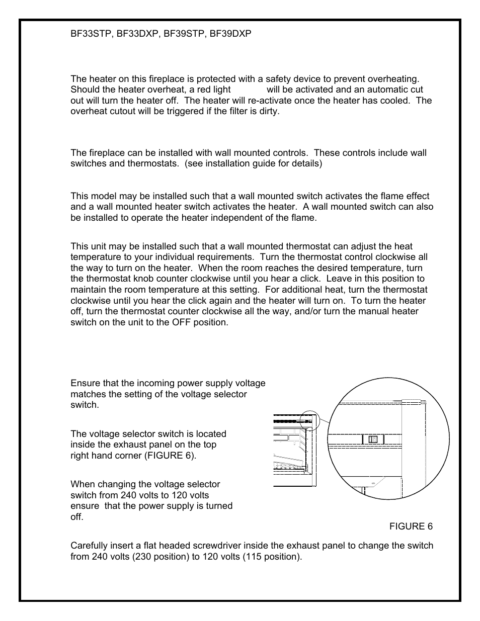 Resetting the temperture cutout switch, Wall mounted controls, Voltage selector switch location | Dimplex BF39STP/DXP User Manual | Page 5 / 27