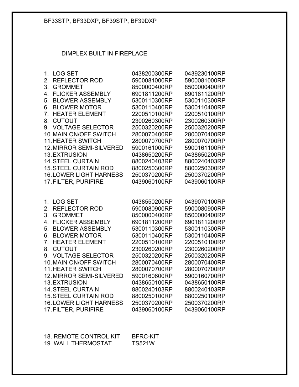 Replacement parts | Dimplex BF39STP/DXP User Manual | Page 7 / 27