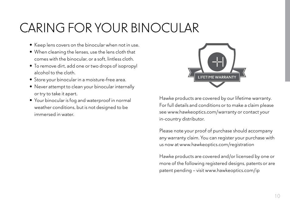 Caring for your binocular | Hawke Optics 8x32 Frontier HD X Binoculars (Gray) User Manual | Page 11 / 44