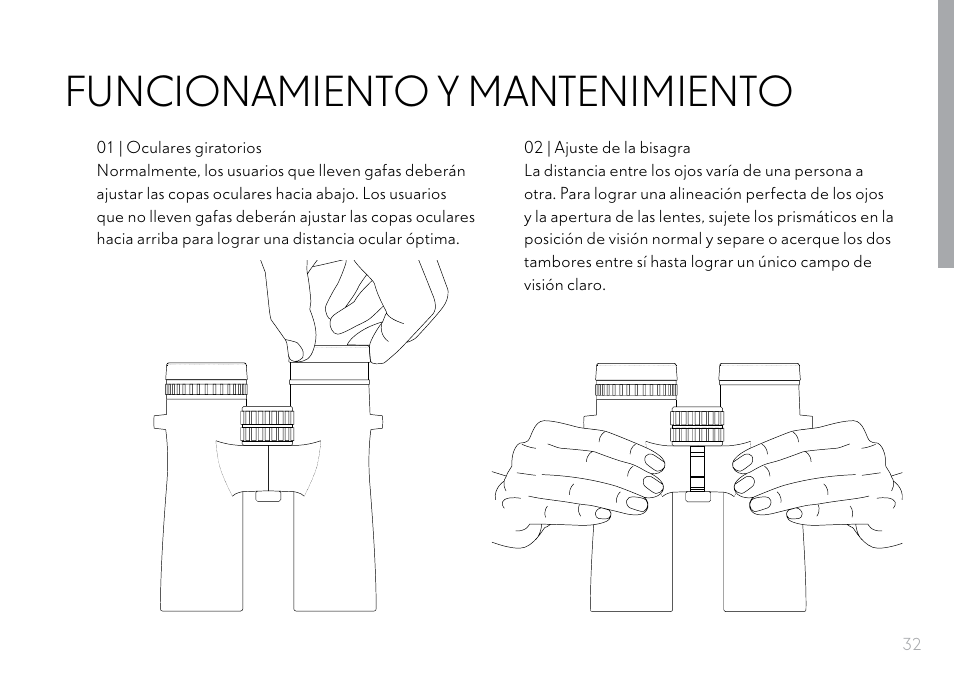 Funcionamiento y mantenimiento | Hawke Optics 8x32 Frontier HD X Binoculars (Gray) User Manual | Page 33 / 44