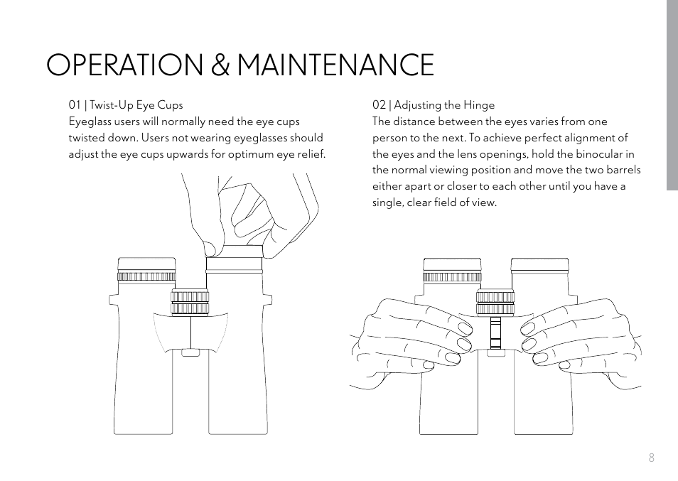 Operation & maintenance | Hawke Optics 8x32 Frontier HD X Binoculars (Gray) User Manual | Page 9 / 44