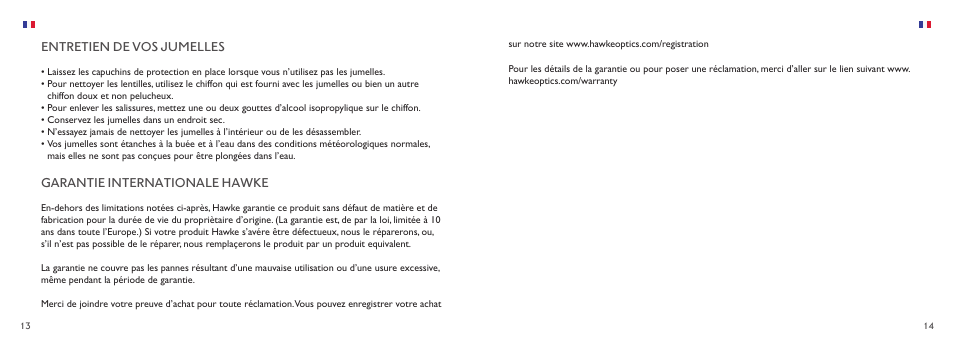 Entretien de vos jumelles, Garantie internationale hawke | Hawke Optics 10x32 Nature-Trek Binoculars (Green) User Manual | Page 8 / 12