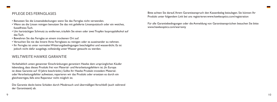 Pflege des fernglases, Weltweite hawke garantie | Hawke Optics 10x50 Endurance ED Binoculars (Green) User Manual | Page 6 / 12