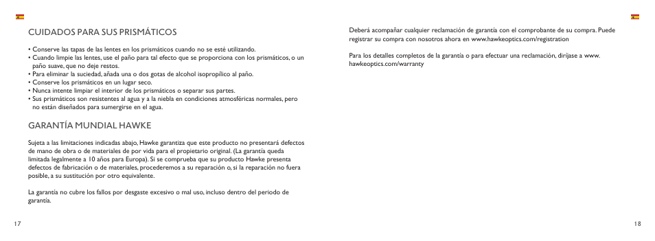 Cuidados para sus prismáticos, Garantía mundial hawke | Hawke Optics 8x32 Endurance ED Binoculars (Black) User Manual | Page 10 / 12