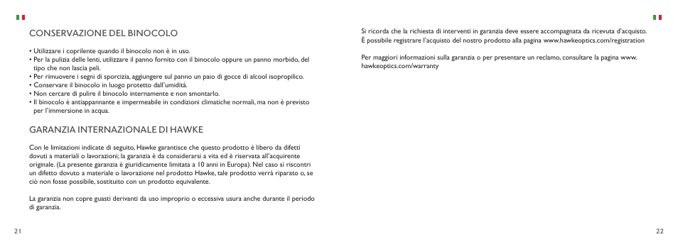 Conservazione del binocolo, Garanzia internazionale di hawke | Hawke Optics 8x32 Endurance ED Binoculars (Black) User Manual | Page 12 / 12