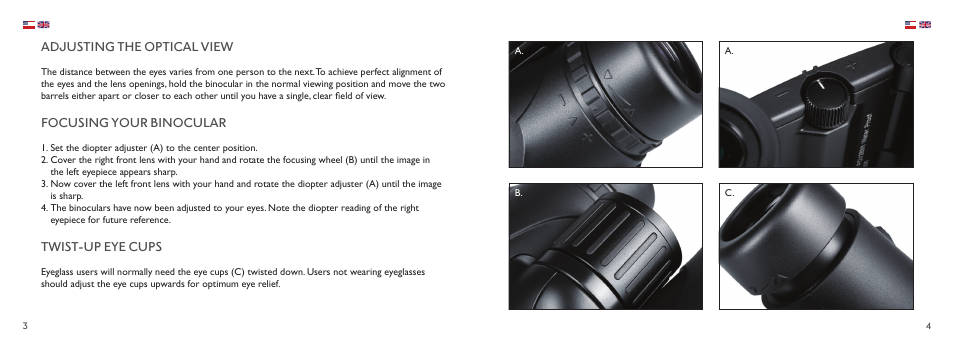 Adjusting the optical view, Focusing your binocular, Twist-up eye cups | Hawke Optics 8x32 Endurance ED Binoculars (Black) User Manual | Page 3 / 12