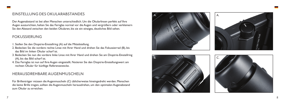 Einstellung des okularabstandes, Fokussierung, Herausdrehbare augenmuscheln | Hawke Optics 8x32 Endurance ED Binoculars (Black) User Manual | Page 5 / 12