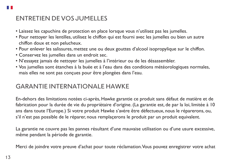 Entretien de vos jumelles, Garantie internationale hawke | Hawke Optics 8x42 Frontier APO Binoculars (Green) User Manual | Page 13 / 23