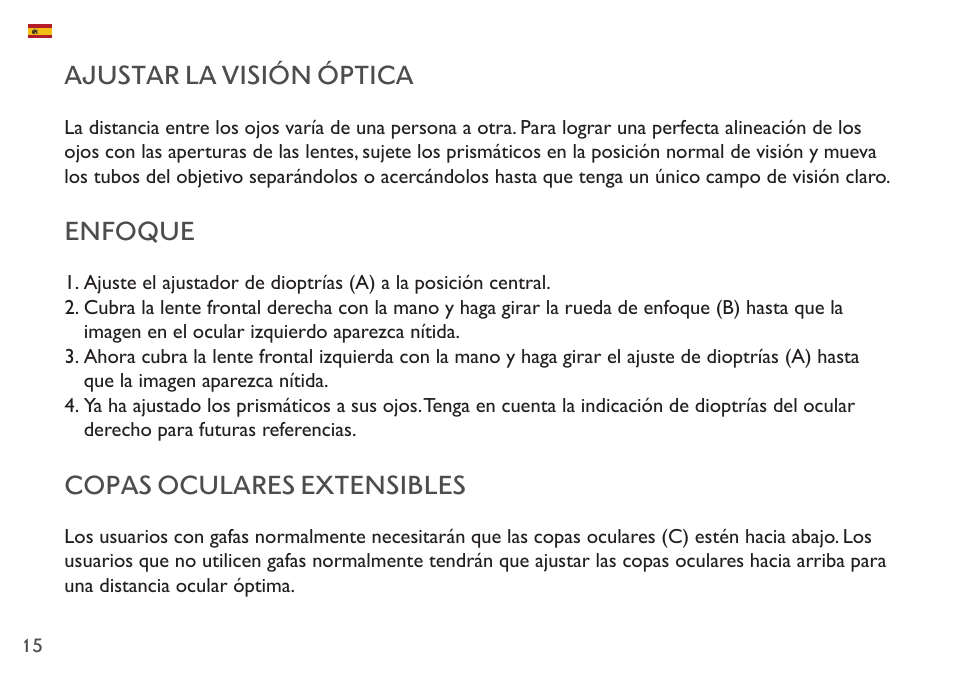 Ajustar la visión óptica, Enfoque, Copas oculares extensibles | Hawke Optics 8x42 Frontier APO Binoculars (Green) User Manual | Page 15 / 23