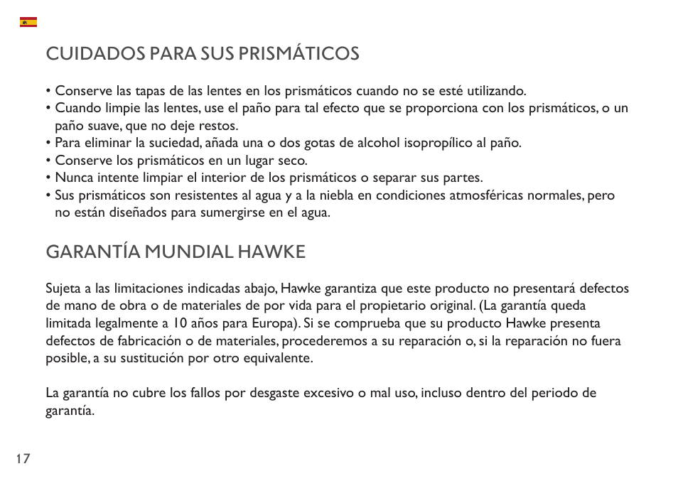 Cuidados para sus prismáticos, Garantía mundial hawke | Hawke Optics 8x42 Frontier APO Binoculars (Green) User Manual | Page 17 / 23