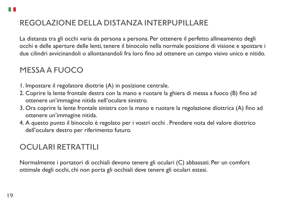 Regolazione della distanza interpupillare, Messa a fuoco, Oculari retrattili | Hawke Optics 8x42 Frontier APO Binoculars (Green) User Manual | Page 19 / 23