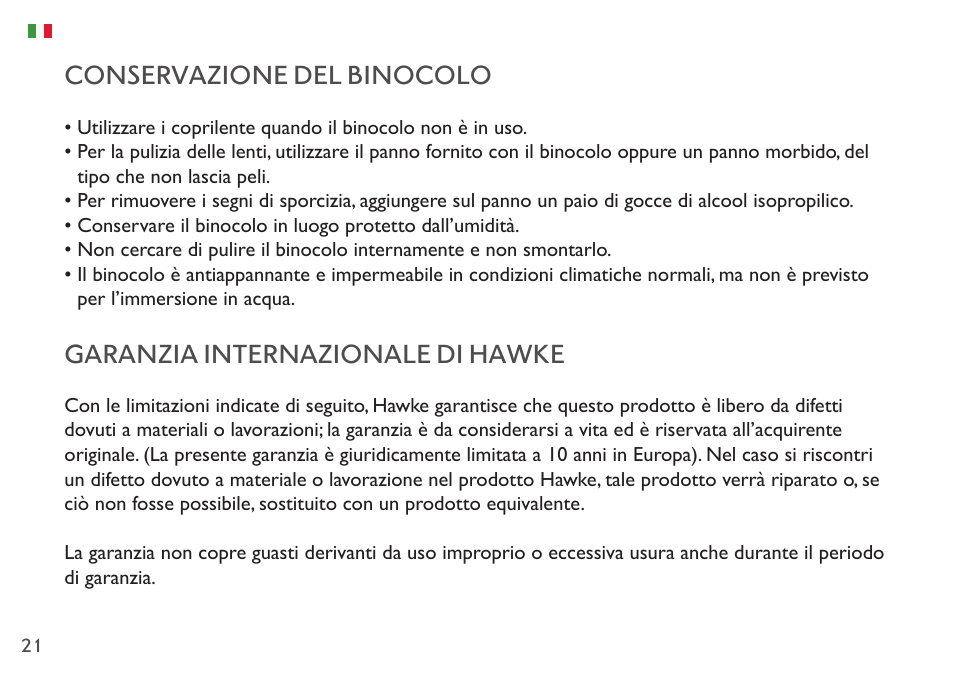 Conservazione del binocolo, Garanzia internazionale di hawke | Hawke Optics 8x42 Frontier APO Binoculars (Green) User Manual | Page 21 / 23