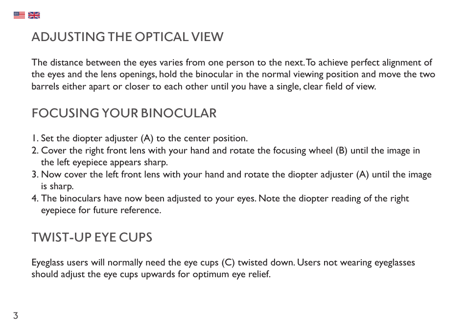 Adjusting the optical view, Focusing your binocular, Twist-up eye cups | Hawke Optics 8x42 Frontier APO Binoculars (Green) User Manual | Page 3 / 23