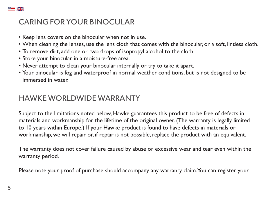 Caring for your binocular, Hawke worldwide warranty | Hawke Optics 8x42 Frontier APO Binoculars (Green) User Manual | Page 5 / 23