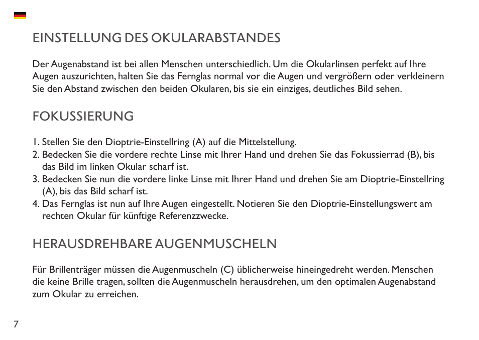 Einstellung des okularabstandes, Fokussierung, Herausdrehbare augenmuscheln | Hawke Optics 8x42 Frontier APO Binoculars (Green) User Manual | Page 7 / 23