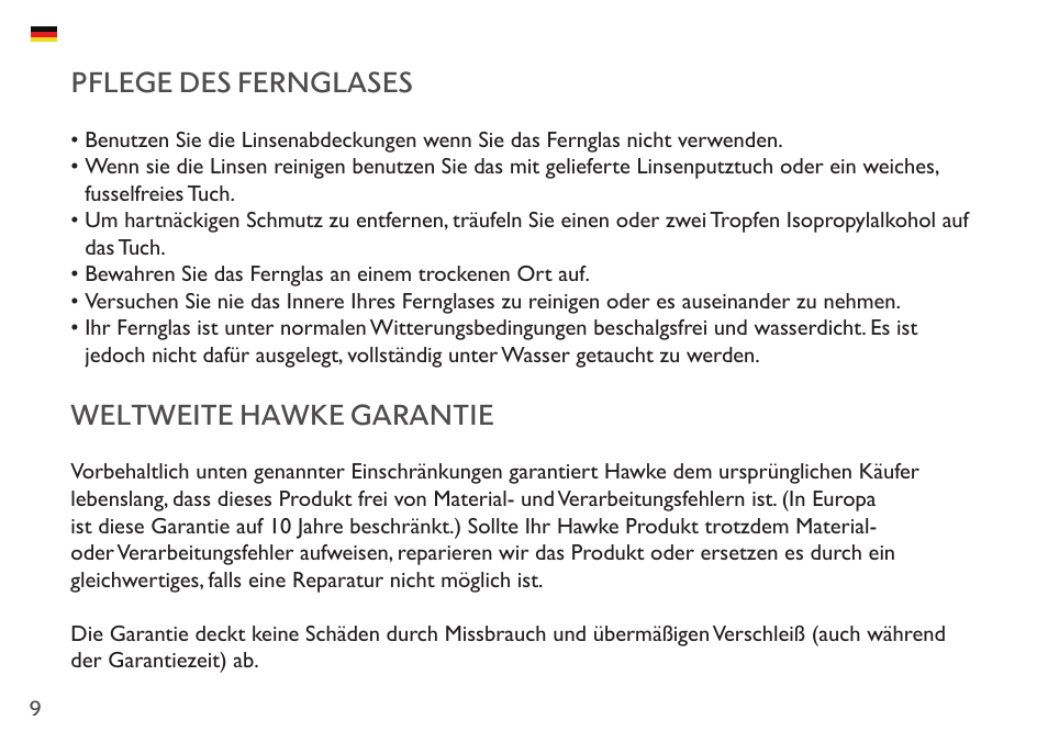 Pflege des fernglases, Weltweite hawke garantie | Hawke Optics 8x42 Frontier APO Binoculars (Green) User Manual | Page 9 / 23