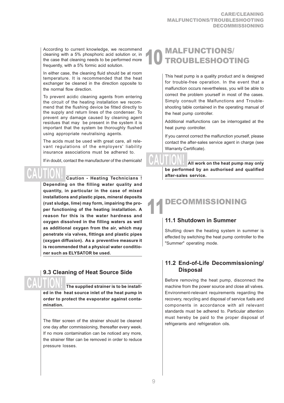 Caution, Malfunctions/ troubleshooting, Decommissioning | Dimplex S1 7KS User Manual | Page 9 / 24