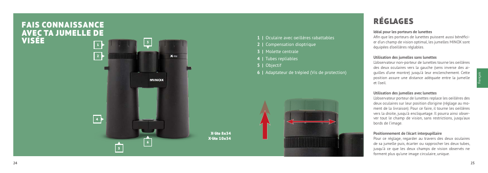 Fais connaissance avec ta jumelle de visée, Réglages | Minox 8x33 X-active Binoculars User Manual | Page 13 / 27