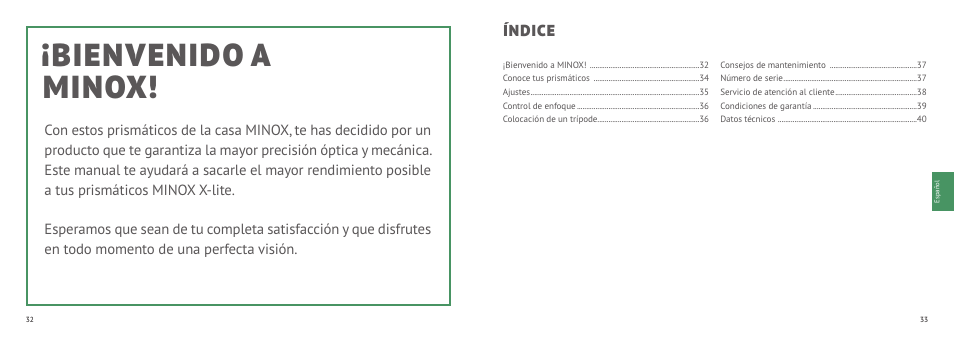 Bienvenido a minox, Índice | Minox 8x33 X-active Binoculars User Manual | Page 17 / 27