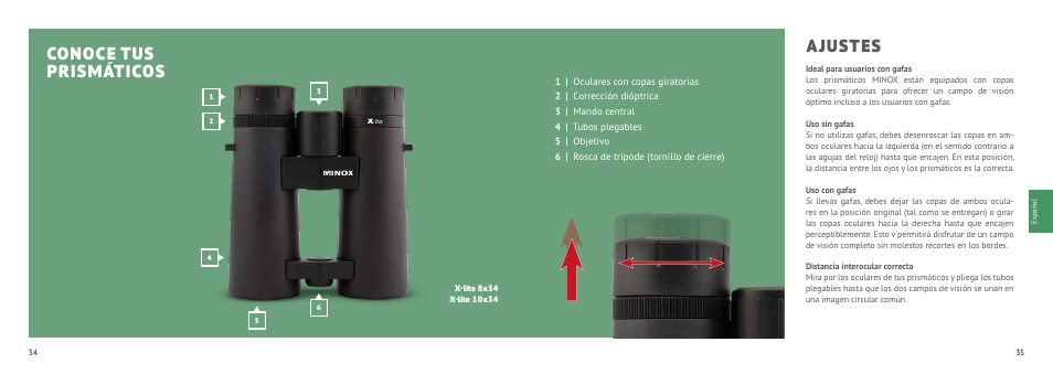 Conoce tus prismáticos, Ajustes | Minox 8x33 X-active Binoculars User Manual | Page 18 / 27