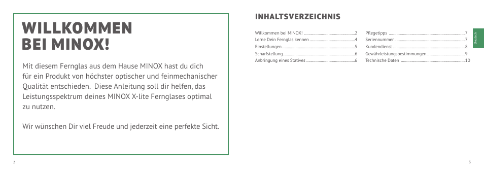 Willkommen bei minox | Minox 8x33 X-active Binoculars User Manual | Page 2 / 27