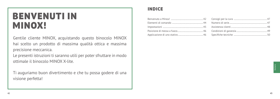 Benvenuti in minox, Indice | Minox 8x33 X-active Binoculars User Manual | Page 22 / 27