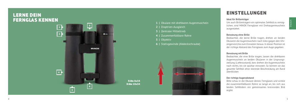 Lerne dein fernglas kennen, Einstellungen | Minox 8x33 X-active Binoculars User Manual | Page 3 / 27