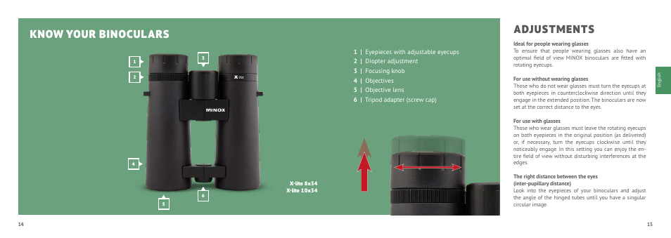 Know your binoculars, Adjustments | Minox 8x33 X-active Binoculars User Manual | Page 8 / 27