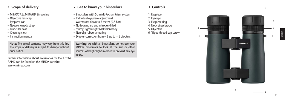 Scope of delivery, Get to know your binoculars, Controls | Minox 7.5x44 RAPID Binoculars User Manual | Page 10 / 37