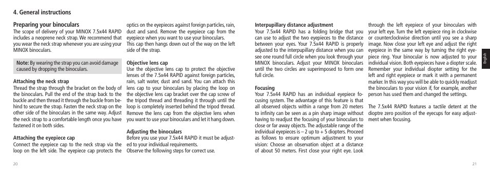 Preparing your binoculars, General instructions | Minox 7.5x44 RAPID Binoculars User Manual | Page 11 / 37