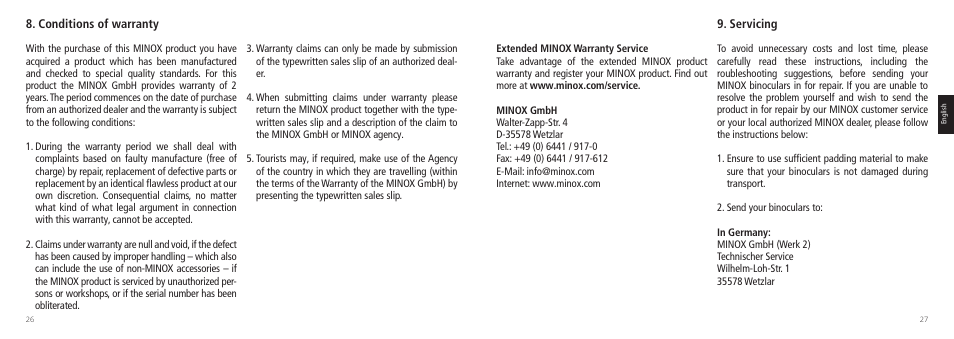 Conditions of warranty, Servicing | Minox 7.5x44 RAPID Binoculars User Manual | Page 14 / 37
