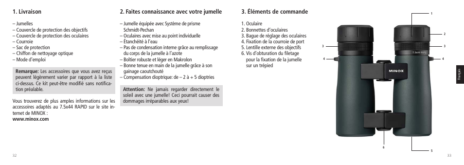 Livraison, Faites connaissance avec votre jumelle, Éléments de commande | Minox 7.5x44 RAPID Binoculars User Manual | Page 17 / 37