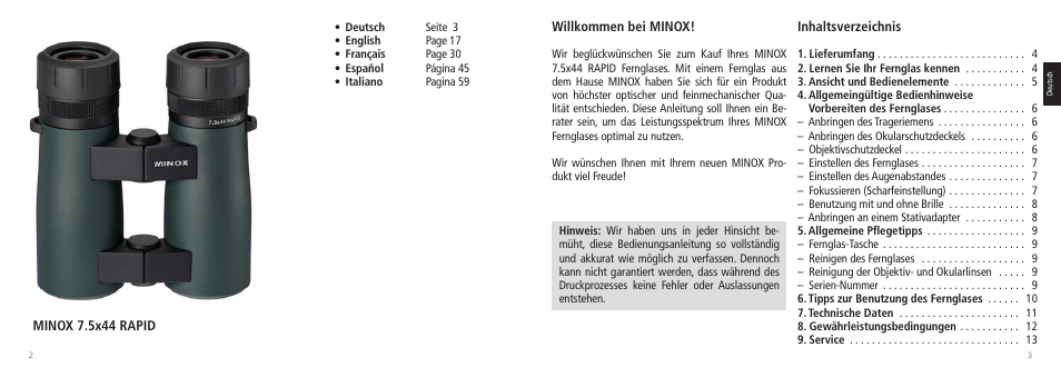 Minox 7.5x44 RAPID Binoculars User Manual | Page 2 / 37